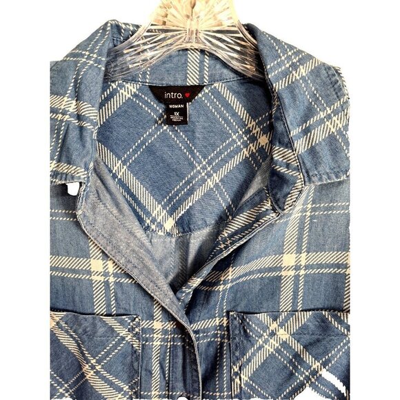 intro. Woman 1X Blue Plaid Button Tab Long Sleeve Button Up Shirt Pockets - Picture 4 of 8